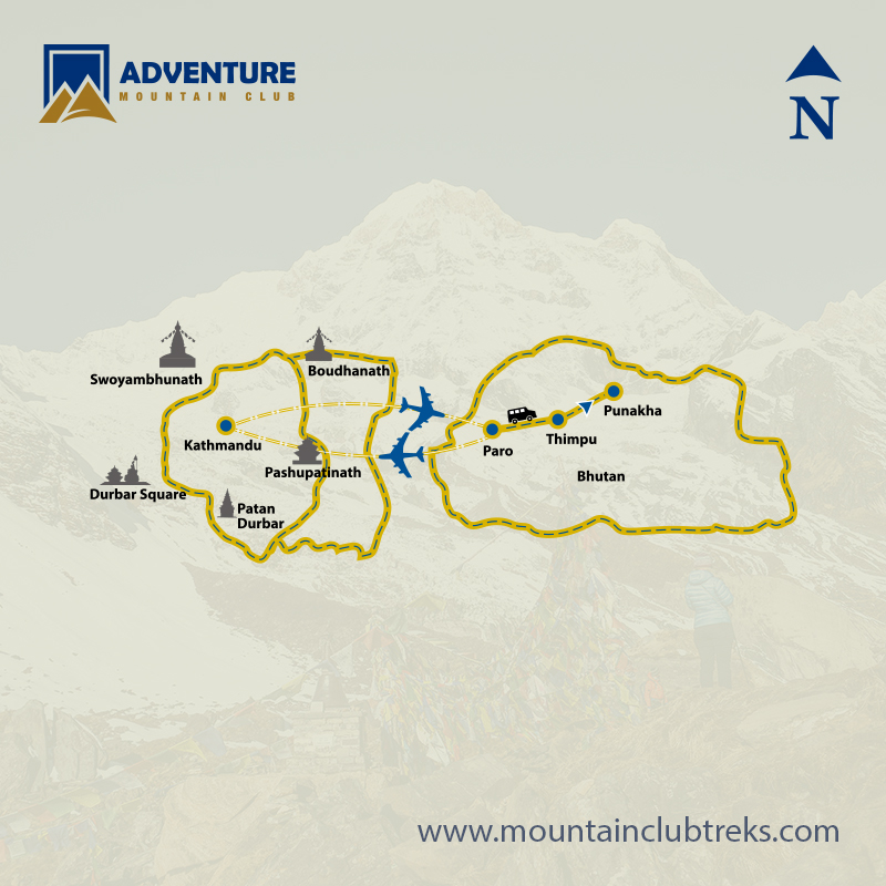 Glimpse of Bhutan Tour - Trekking Map